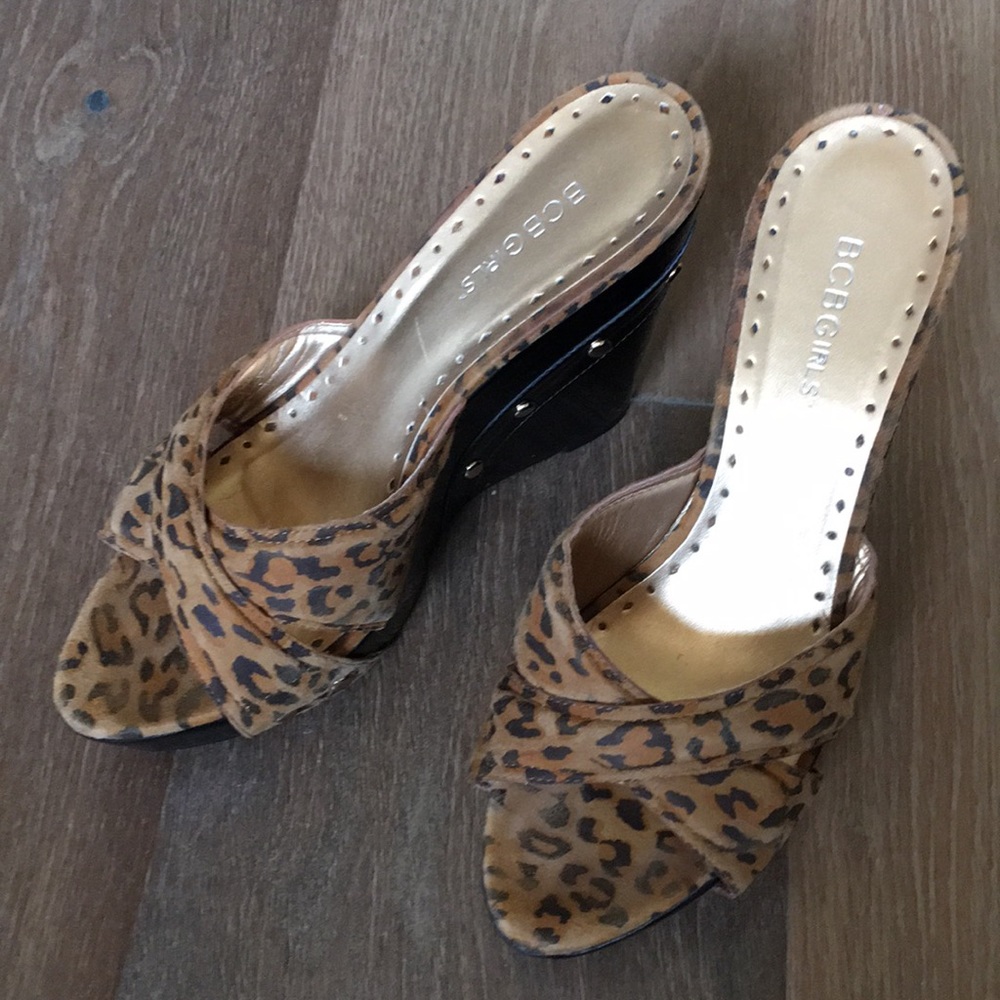 BCBGirls leopard & patent wedges